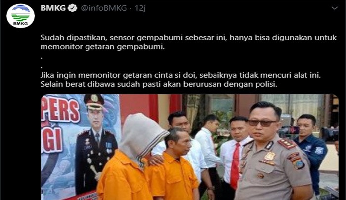Bocah SMP Curi Alat Deteksi Gempa Di Sigi, Cuitan Kocak BMKG: Bukan Alat Memonitor Getaran Cinta
